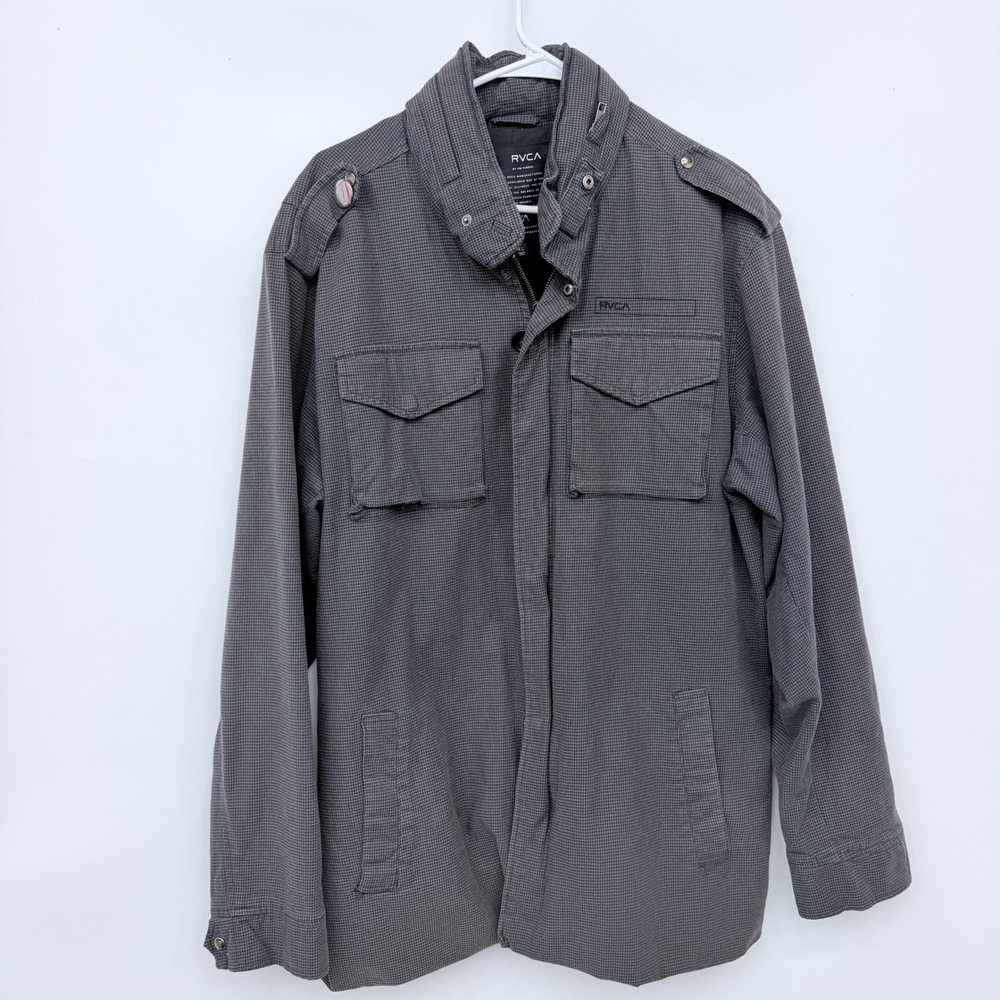 RVCA Field Jacket Mens XL Gray Micro Houndstooth Military Utility M-65 Style